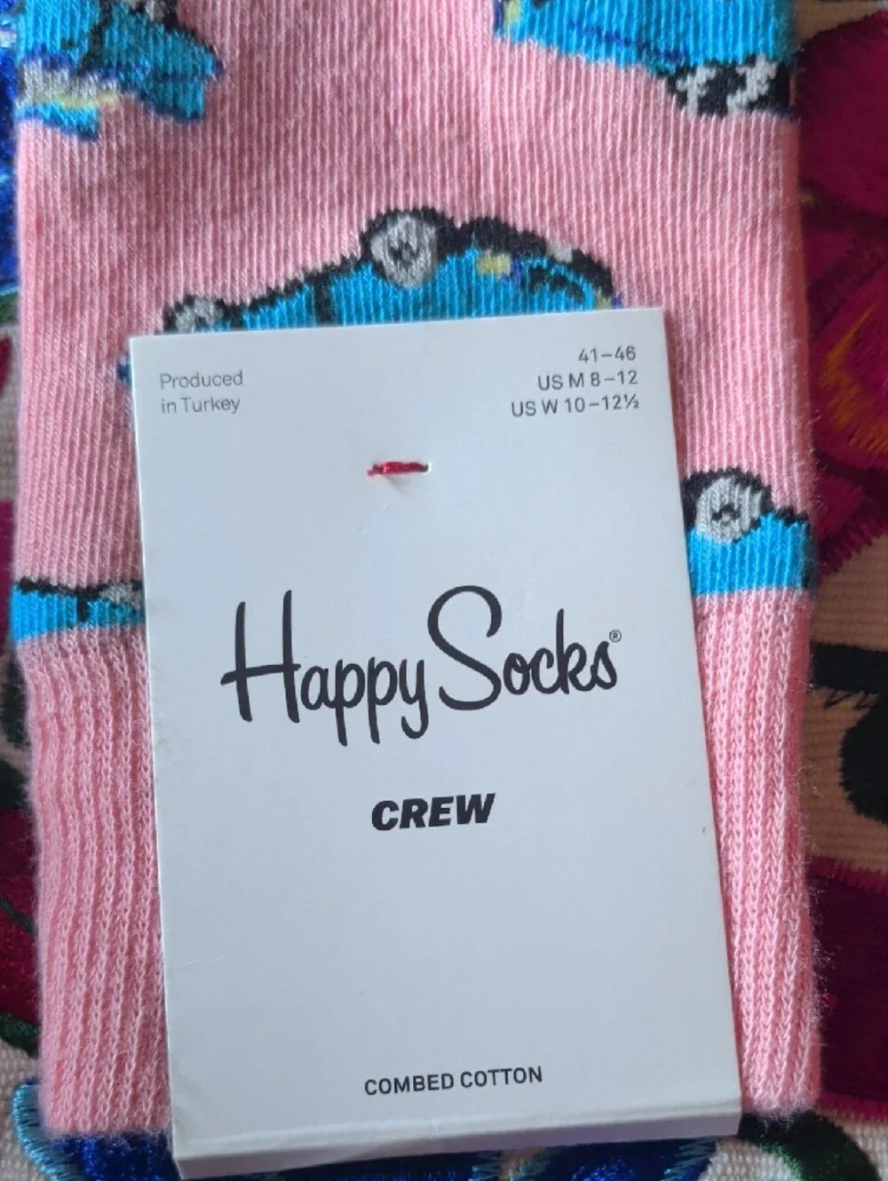 Happy Socks Pink Crew Socks with Blue Fish Motif
